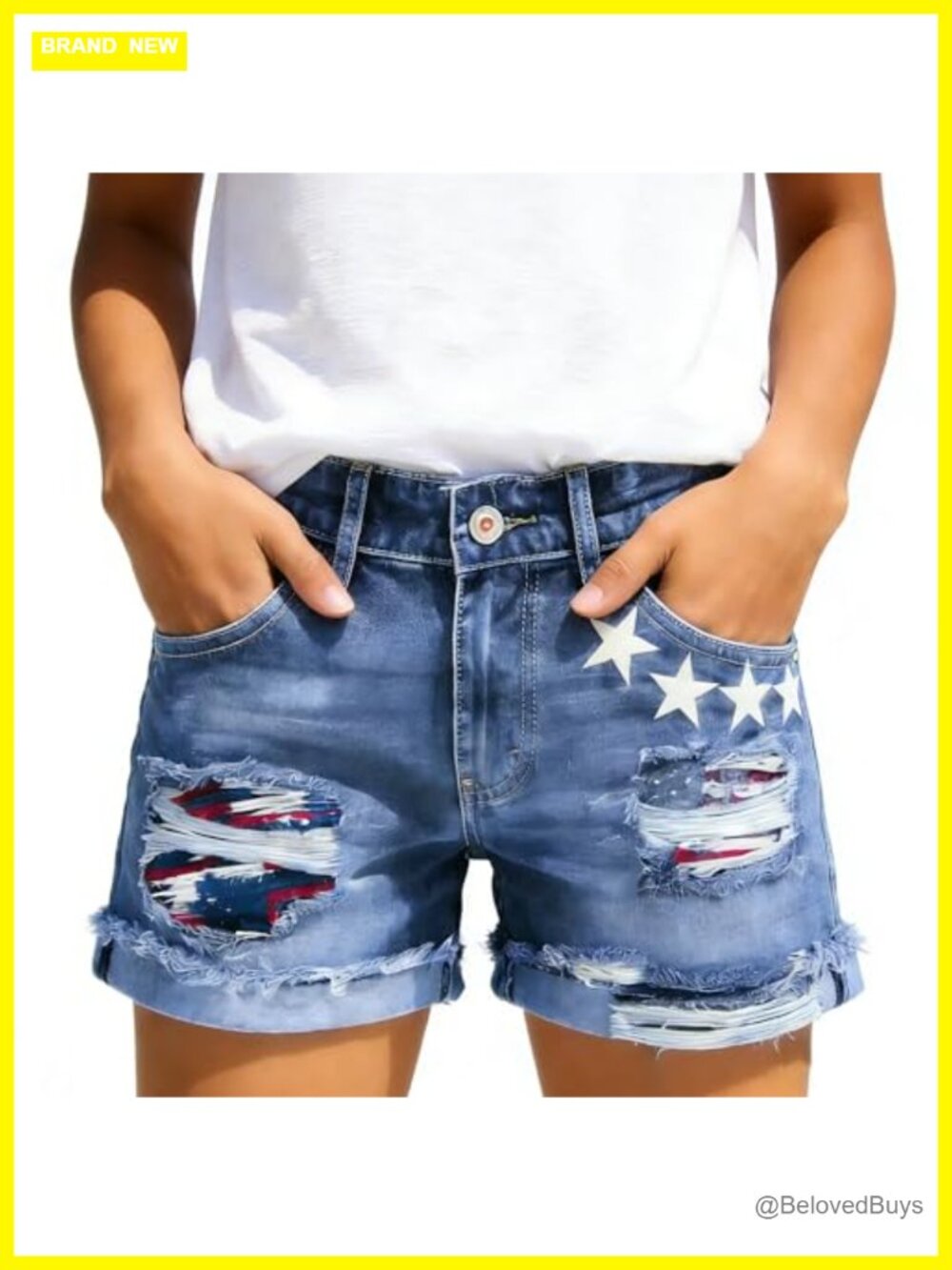 Women's Mid Rise Ripped Stretchy Denim Jean Shorts Folded Hem Summer Casual